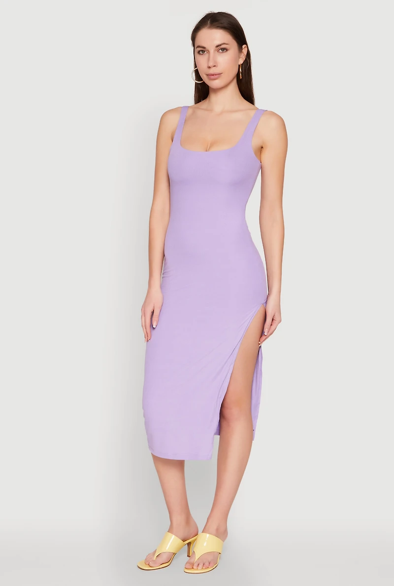 Womens Square Neck Side Slit Tank Dress, Purple, Size L