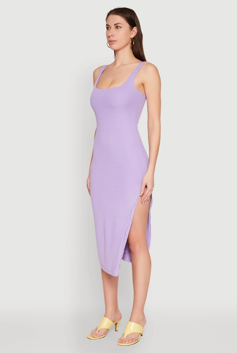 Womens Square Neck Side Slit Tank Dress, Purple,