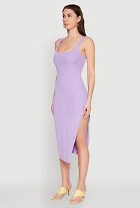 Womens Square Neck Side Slit Tank Dress, Purple, Size L