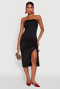 Womens Side Ruched Midi Tube Dress,