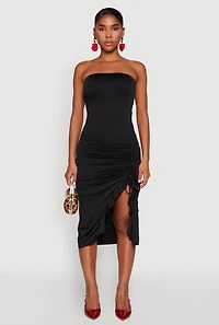 Womens Side Ruched Midi Tube Dress,