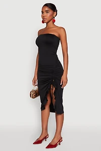 Womens Side Ruched Midi Tube Dress,