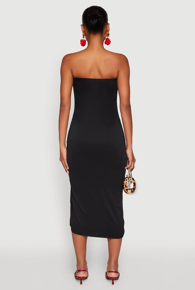 Womens Side Ruched Midi Tube Dress,