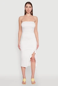 Womens Side Ruched Midi Tube Dress, White, Size L