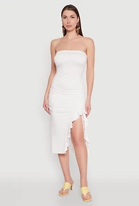Womens Side Ruched Midi Tube Dress, White, Size L