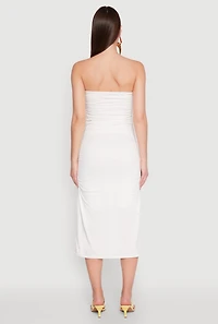 Womens Side Ruched Midi Tube Dress, White, Size L