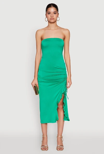 Womens Side Ruched Midi Tube Dress,