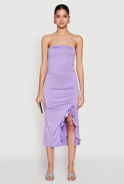 Womens Side Ruched Midi Tube Dress, Purple, Size XL