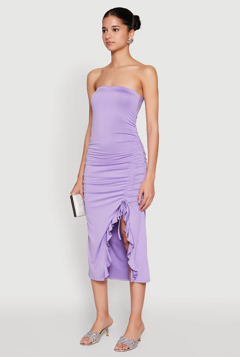 Womens Side Ruched Midi Tube Dress, Purple, Size XL