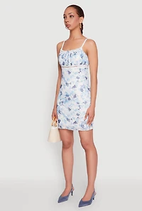 Womens Patterned Mesh Lace Trim Mini Dress, Blue,