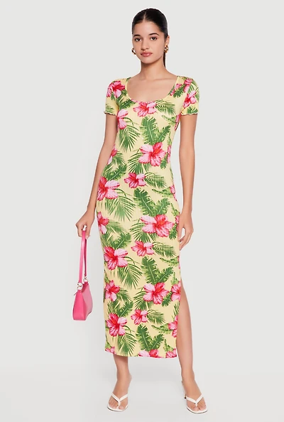 Floral Ribbed Knit Short Sleeve Dress with Side Slit