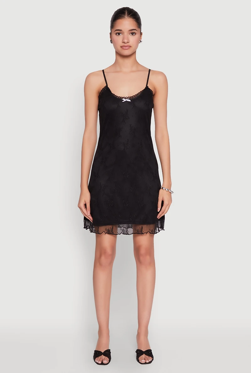 Womens Floral Lace Overlay Mini Dress, Black, Size L