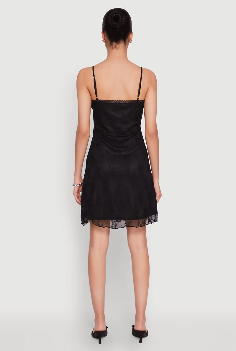 Womens Floral Lace Overlay Mini Dress, Black, Size L