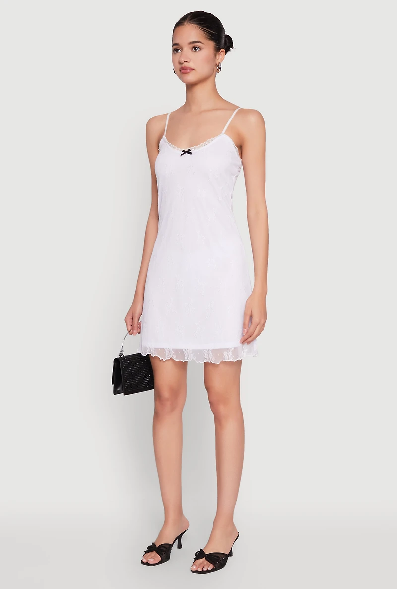 Womens Floral Lace Overlay Mini Dress, White, Size L