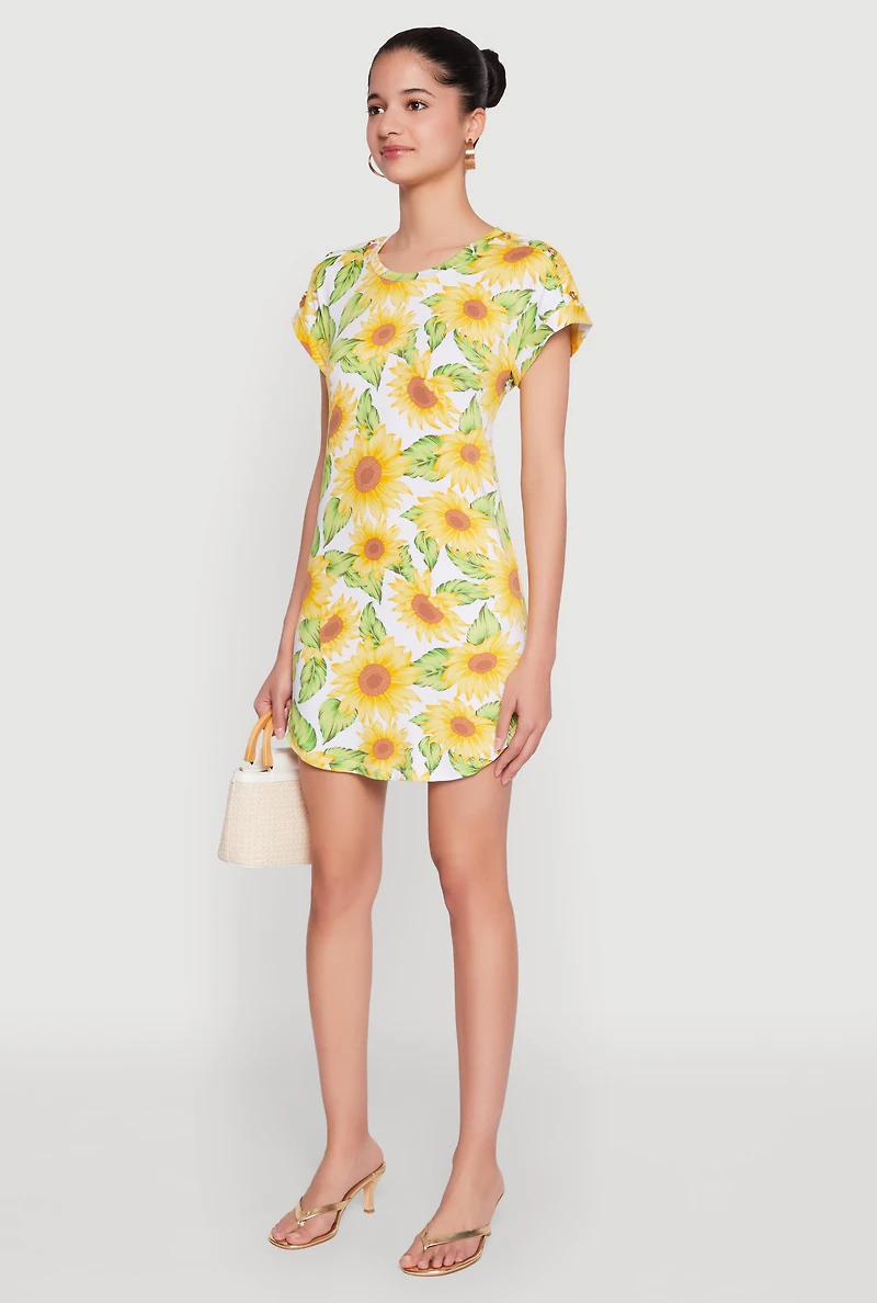 Womens Sunflower Print Shift Dress, Multi, Size M