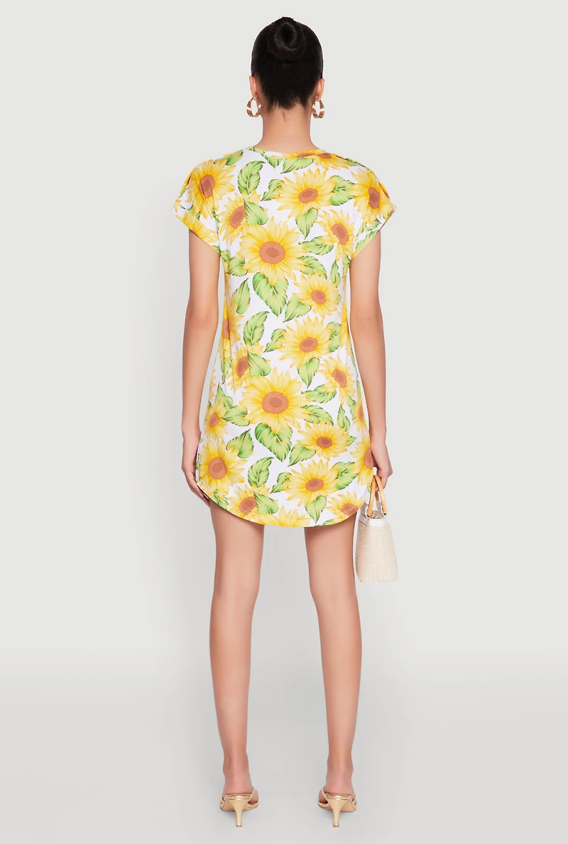 Womens Sunflower Print Shift Dress, Multi, Size M