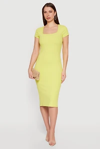 Rib Knit Short Sleeve Square Neck Midi Dress