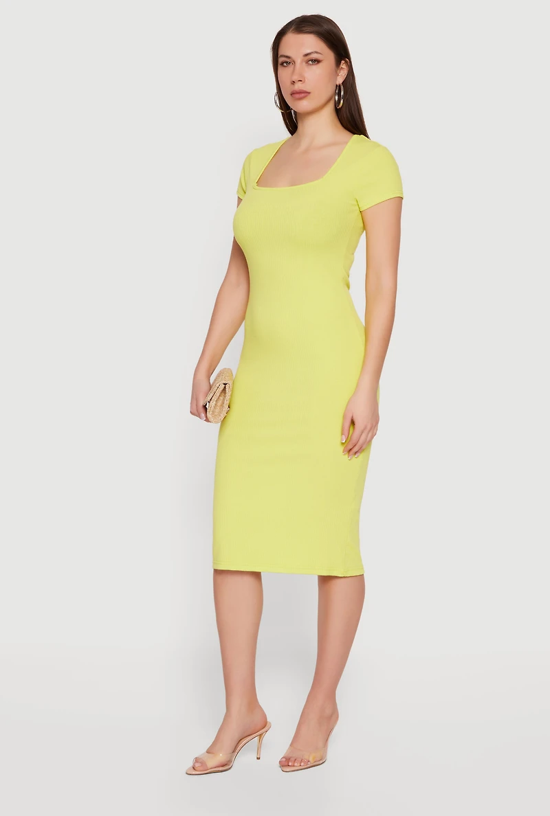 Rib Knit Short Sleeve Square Neck Midi Dress