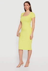 Rib Knit Short Sleeve Square Neck Midi Dress