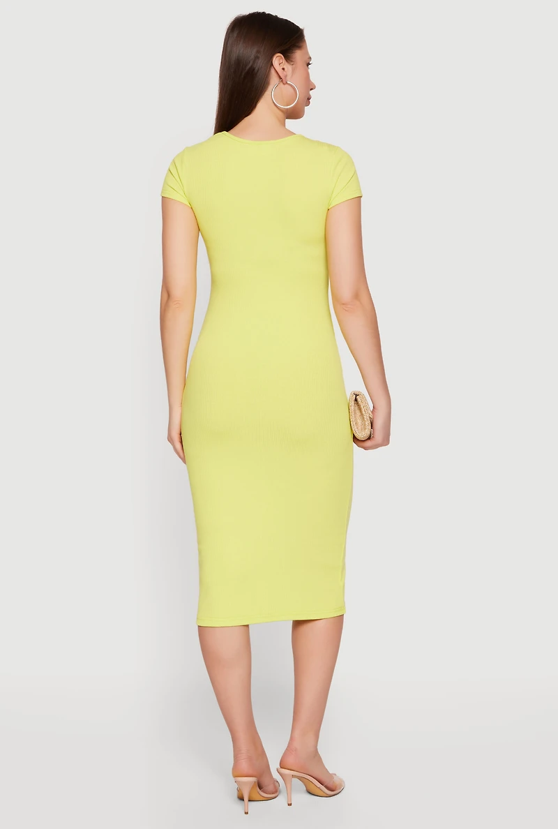 Rib Knit Short Sleeve Square Neck Midi Dress