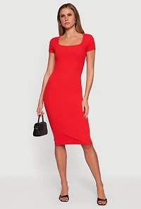 Rib Knit Short Sleeve Square Neck Midi Dress