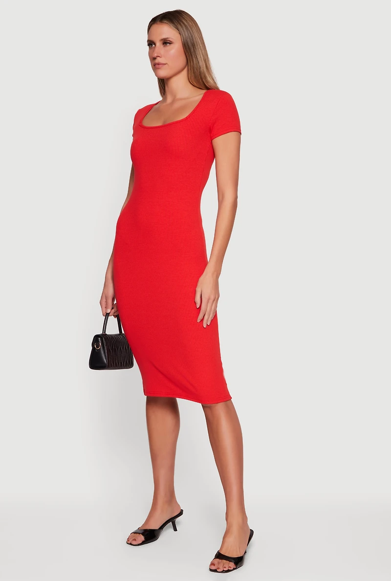 Rib Knit Short Sleeve Square Neck Midi Dress