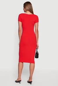 Rib Knit Short Sleeve Square Neck Midi Dress