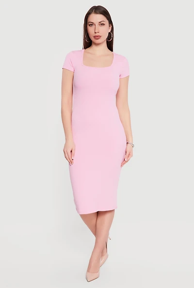 Rib Knit Short Sleeve Square Neck Midi Dress