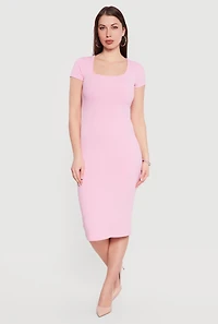 Rib Knit Short Sleeve Square Neck Midi Dress