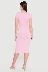Rib Knit Short Sleeve Square Neck Midi Dress