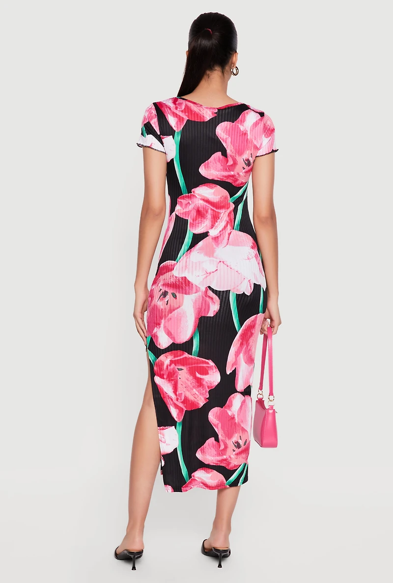 Floral Ribbed Knit Short Sleeve Midi Dress with Side Slit