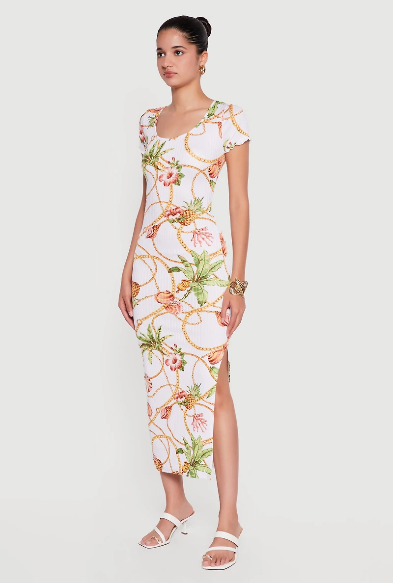 Floral Chain Print Side Slit Midi Dress