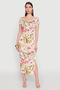 Rib Knit Lettuce Edge Floral Midi Dress