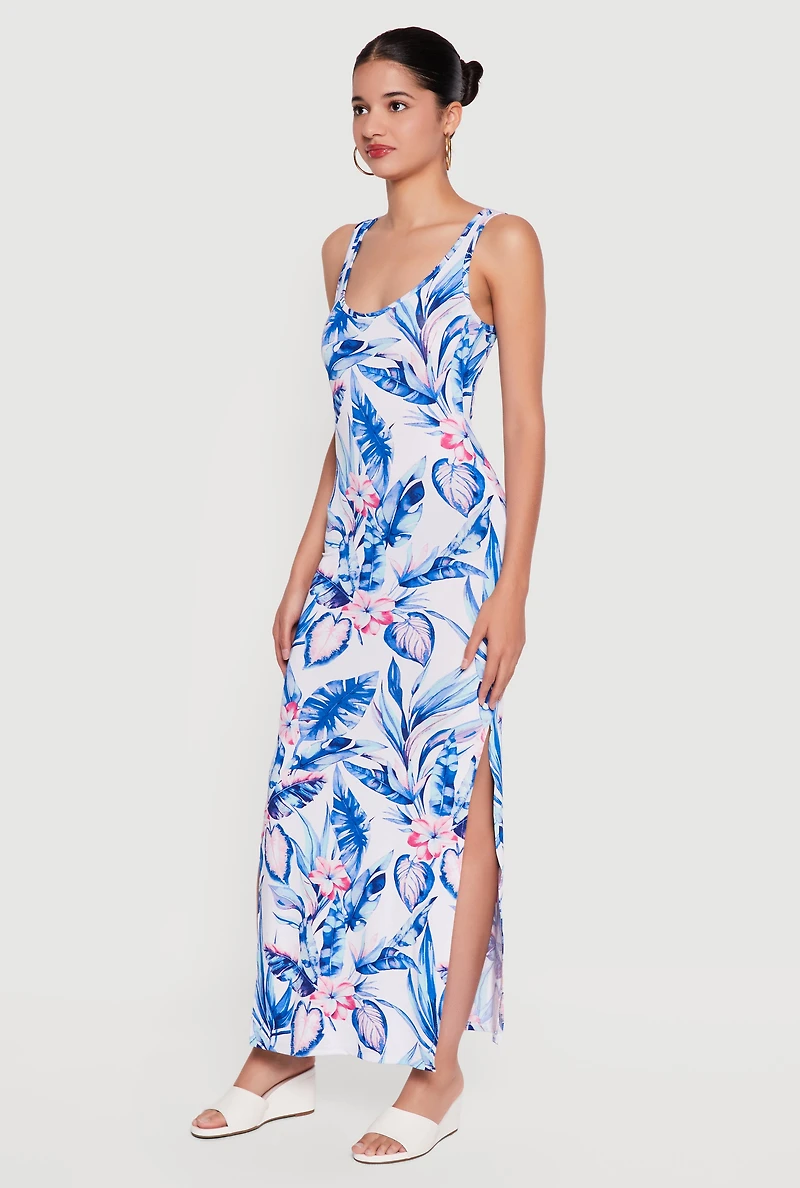 Floral Sleeveless Scoop Neck Side Slit Maxi Dress