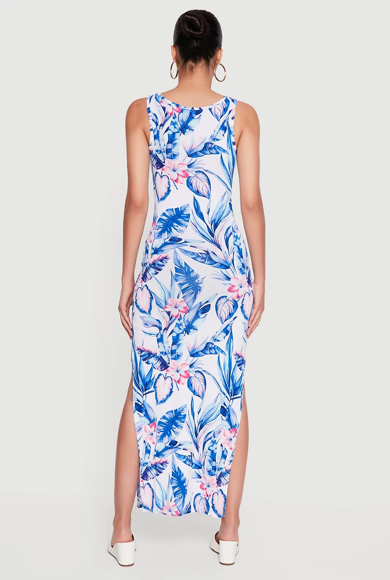 Floral Sleeveless Scoop Neck Side Slit Maxi Dress