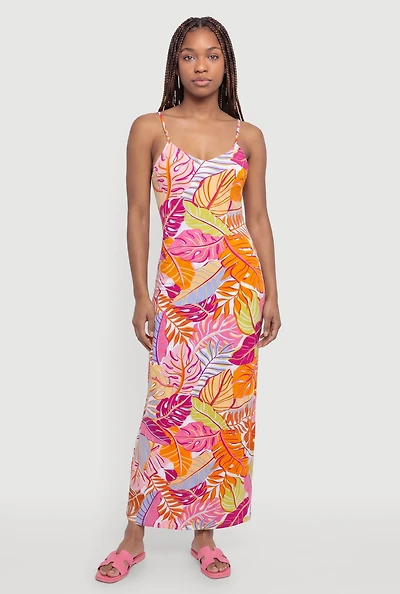 Leaf Print Side Slit Maxi Dress