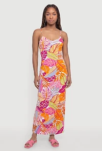 Leaf Print Side Slit Maxi Dress