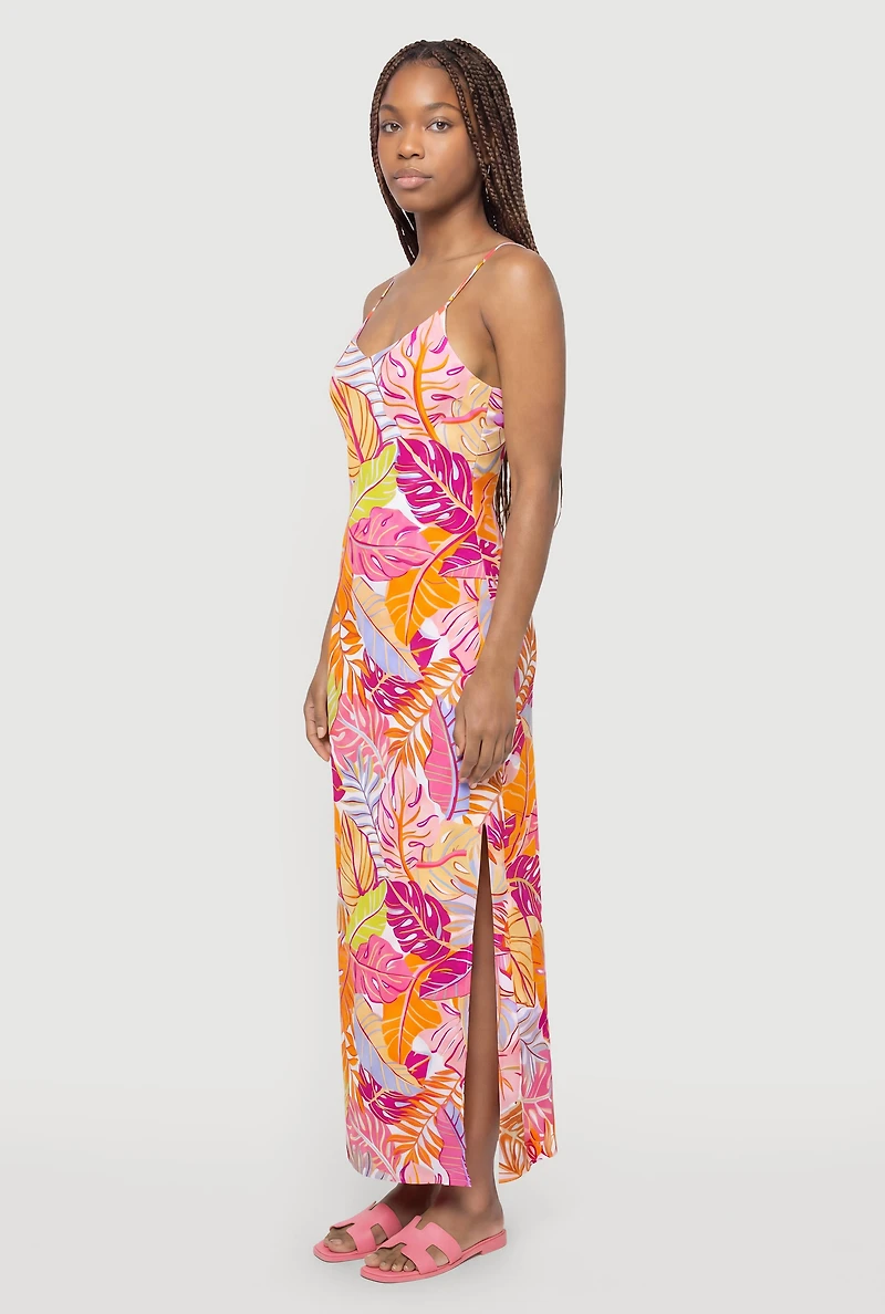 Leaf Print Side Slit Maxi Dress