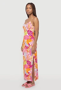 Leaf Print Side Slit Maxi Dress