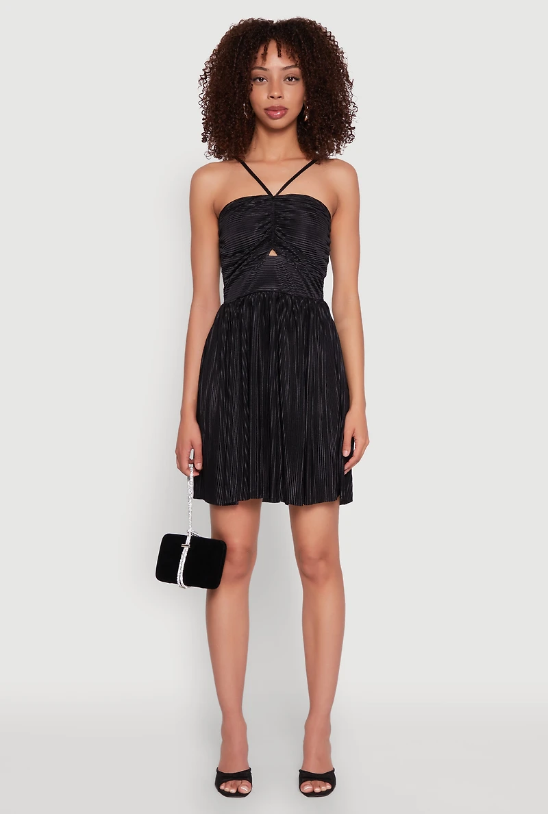Womens Plisse Keyhole Skater Dress, Black, Size M