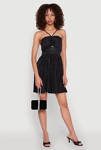 Womens Plisse Keyhole Skater Dress, Black, Size M