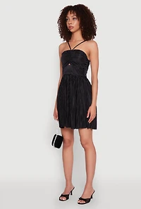 Womens Plisse Keyhole Skater Dress, Black, Size M