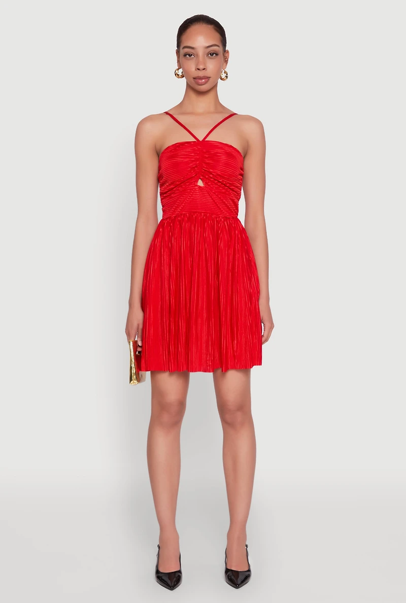 Womens Plisse Keyhole Skater Dress, Red, Size M