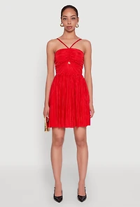 Womens Plisse Keyhole Skater Dress, Red, Size M