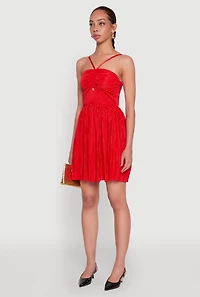 Womens Plisse Keyhole Skater Dress, Red, Size M