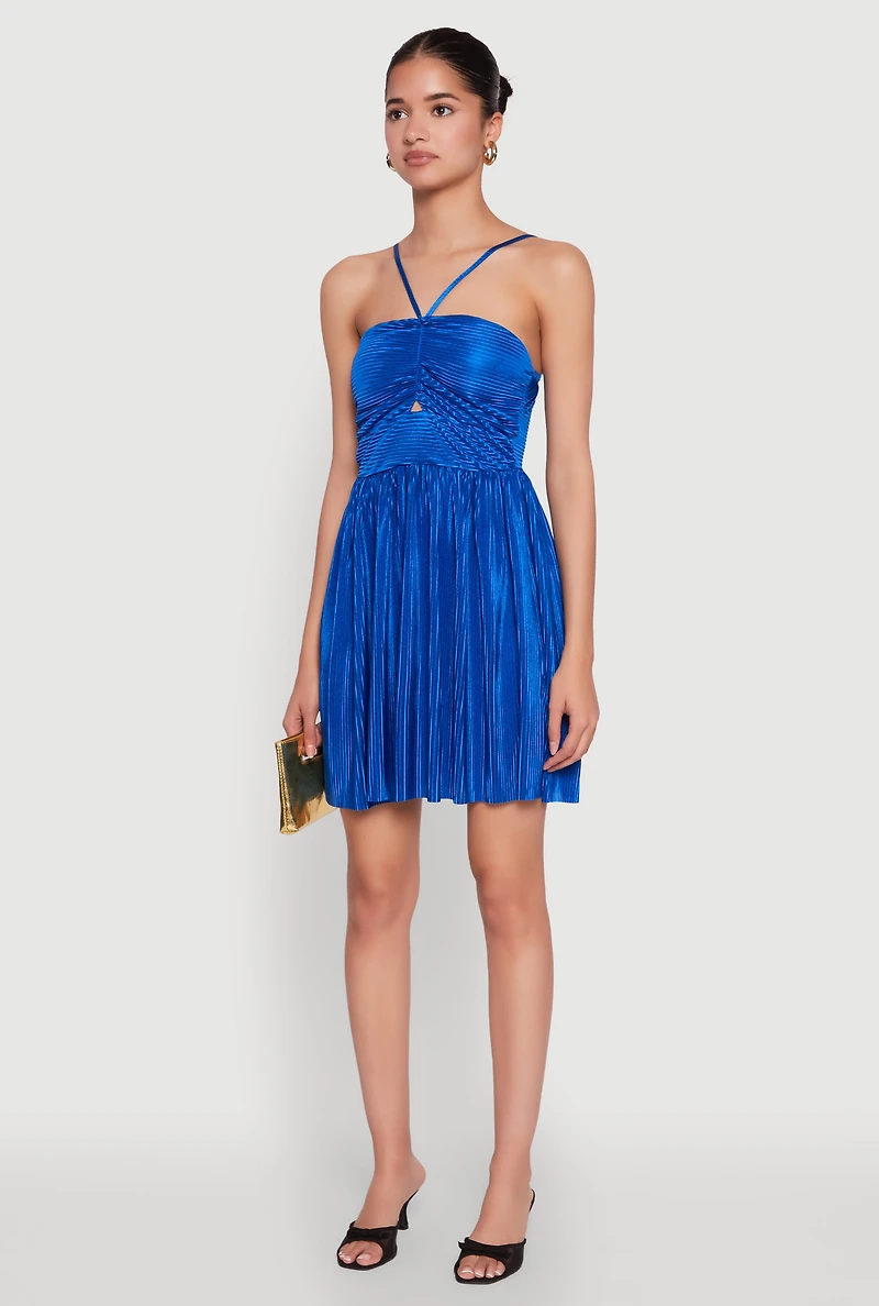 Womens Plisse Keyhole Skater Dress, Blue,