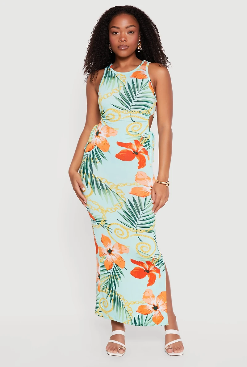 Tropical Floral Chain Print Side Cutout Maxi Dress