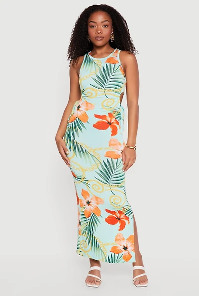 Tropical Floral Chain Print Side Cutout Maxi Dress