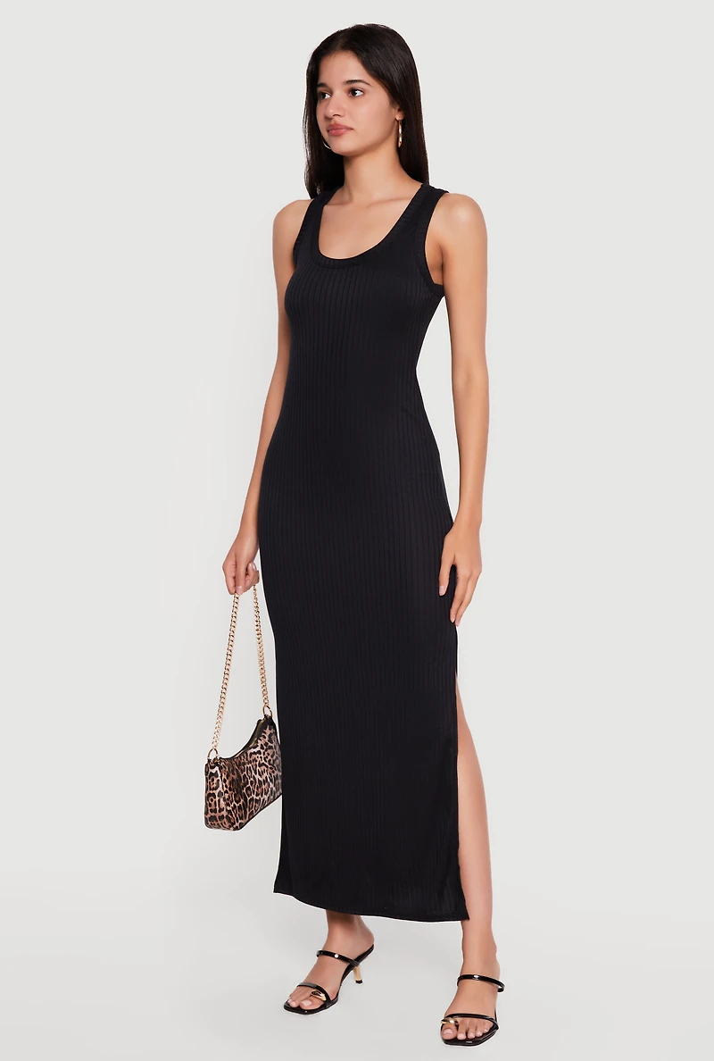 Sleeveless Ribbed Knit Maxi Dress with Side Slits