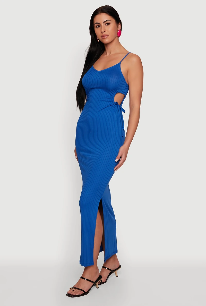 Ribbed Knit Drawstring Keyhole Detail Side Slit Maxi Dress